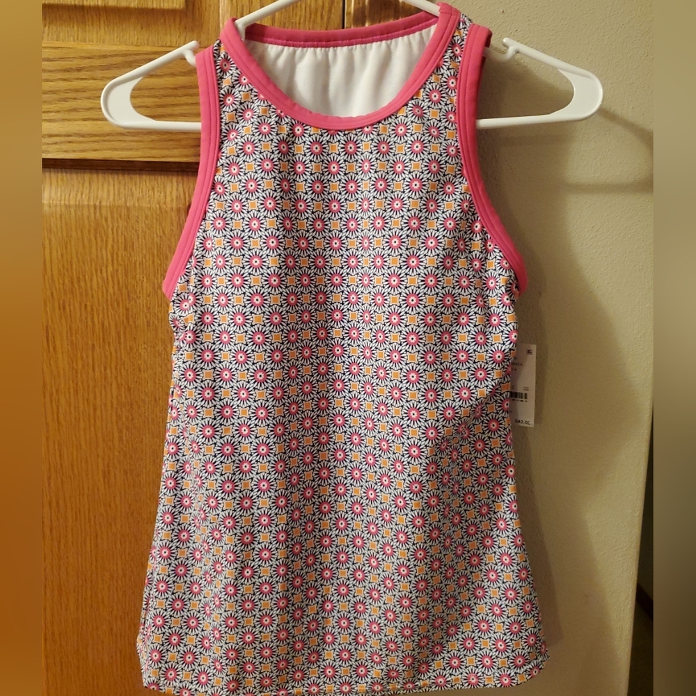 NWT Lands' End Women's High Neck Tankini Swimwear Pink Geo Print Swim Top XS 2-4